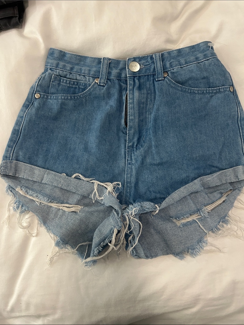 Princess Polly Denim High-Rise Distressed Women’s Shorts — Blue